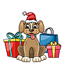 Рождественская собака в красной шапке Санта с подарочными коробками, | Векторный клипарт