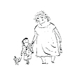Бабушка, внук и собака на прогулке | Векторный клипарт