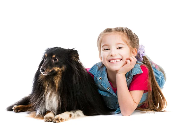 Это маленькая девочка с собакой шелти — стоковое фото