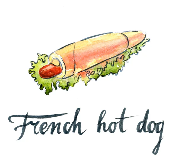 Акварель французский хот-дог с горчицей и листьями салата — стоковое фото
