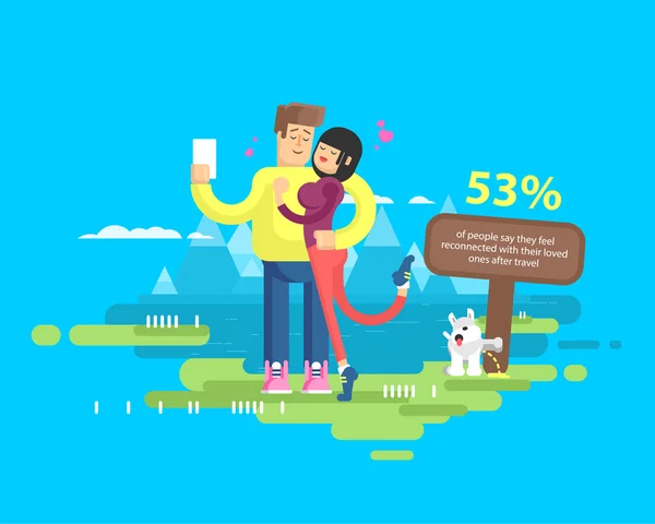 Illustration of happy married couple on vacation, man and woman make selfie — стоковый вектор