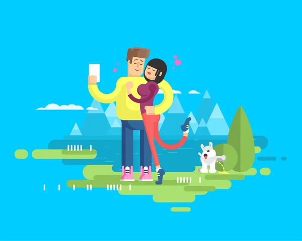 Illustration of happy married couple on vacation, man and woman make selfie — стоковый вектор
