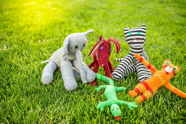 Іграшки друзів на зеленій траві зустрітися весни, літа концепції — стокове фото