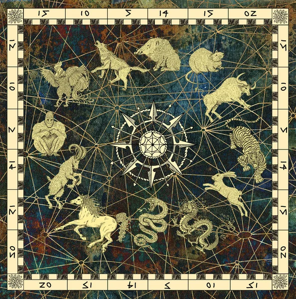 График из двенадцати животных Зодиака и компас — стоковое фото