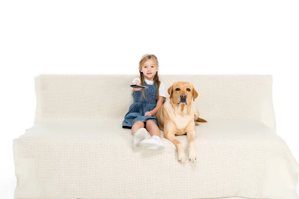 Ребенок Собака Смотреть Телевизор Диване Изолированные Белом Фоне — стоковое фото