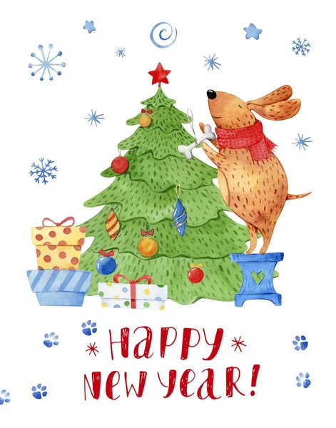 Акварель Рождество иллюстрация с собакой — стоковое фото