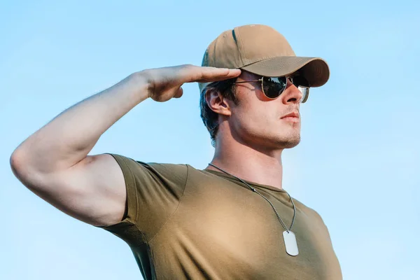 Side View Young Soldier Cap Sunglasses Blue Sky — стоковое фото