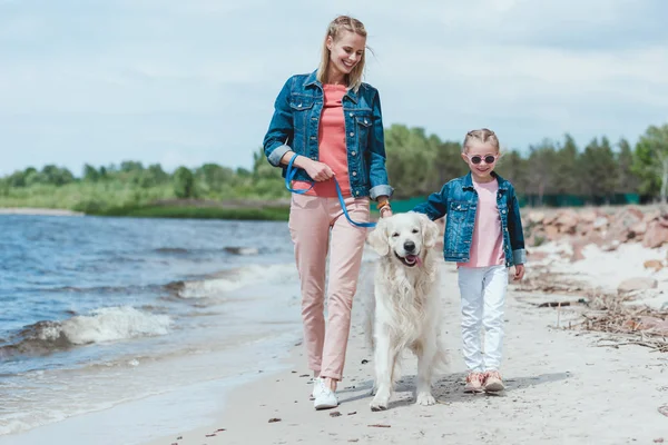 Красивая Семья Прогулки Собакой Берегу Моря — стоковое фото