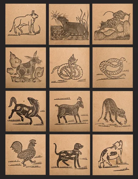 Винтаж бумаги 12 китайских знаков зодиака — стоковое фото